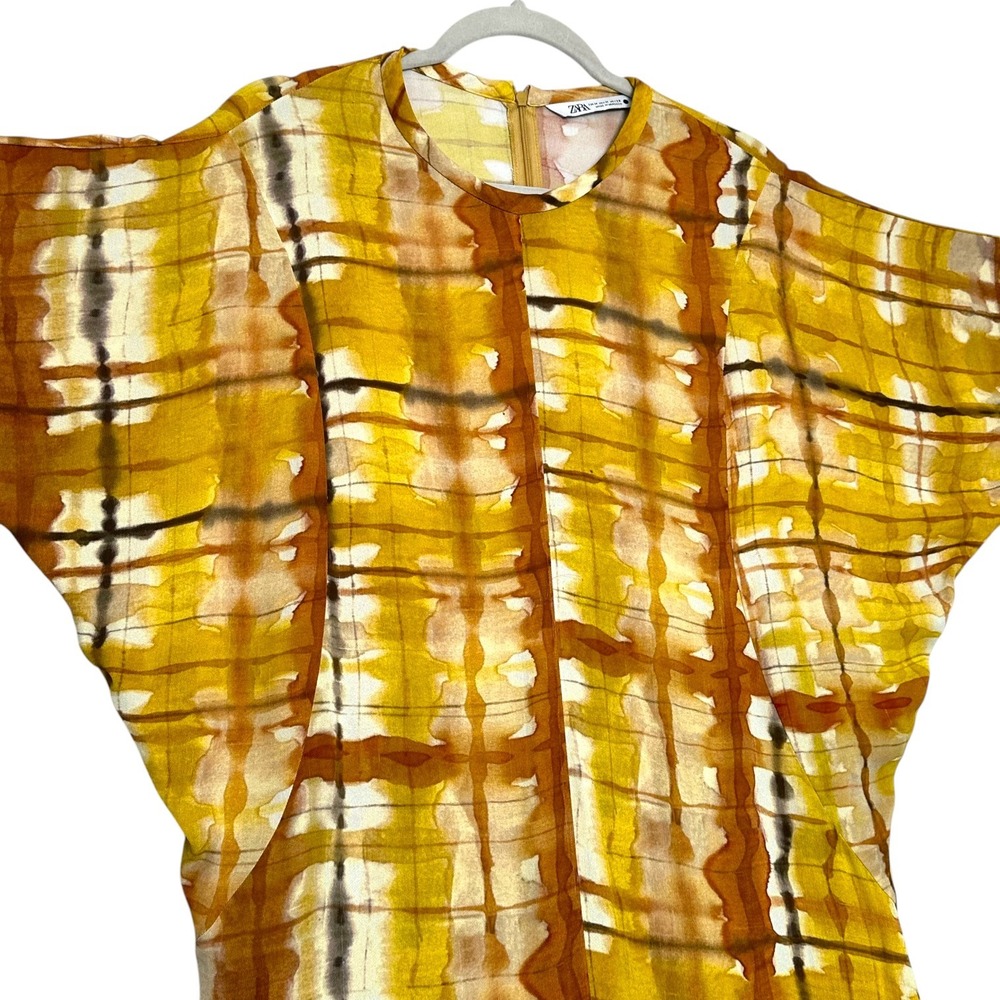 Zara Dress Tie Dye Plaid Print Dolman Sleeve Maxi Mustard Yellow M Blogger Fav - Picture 10 of 16